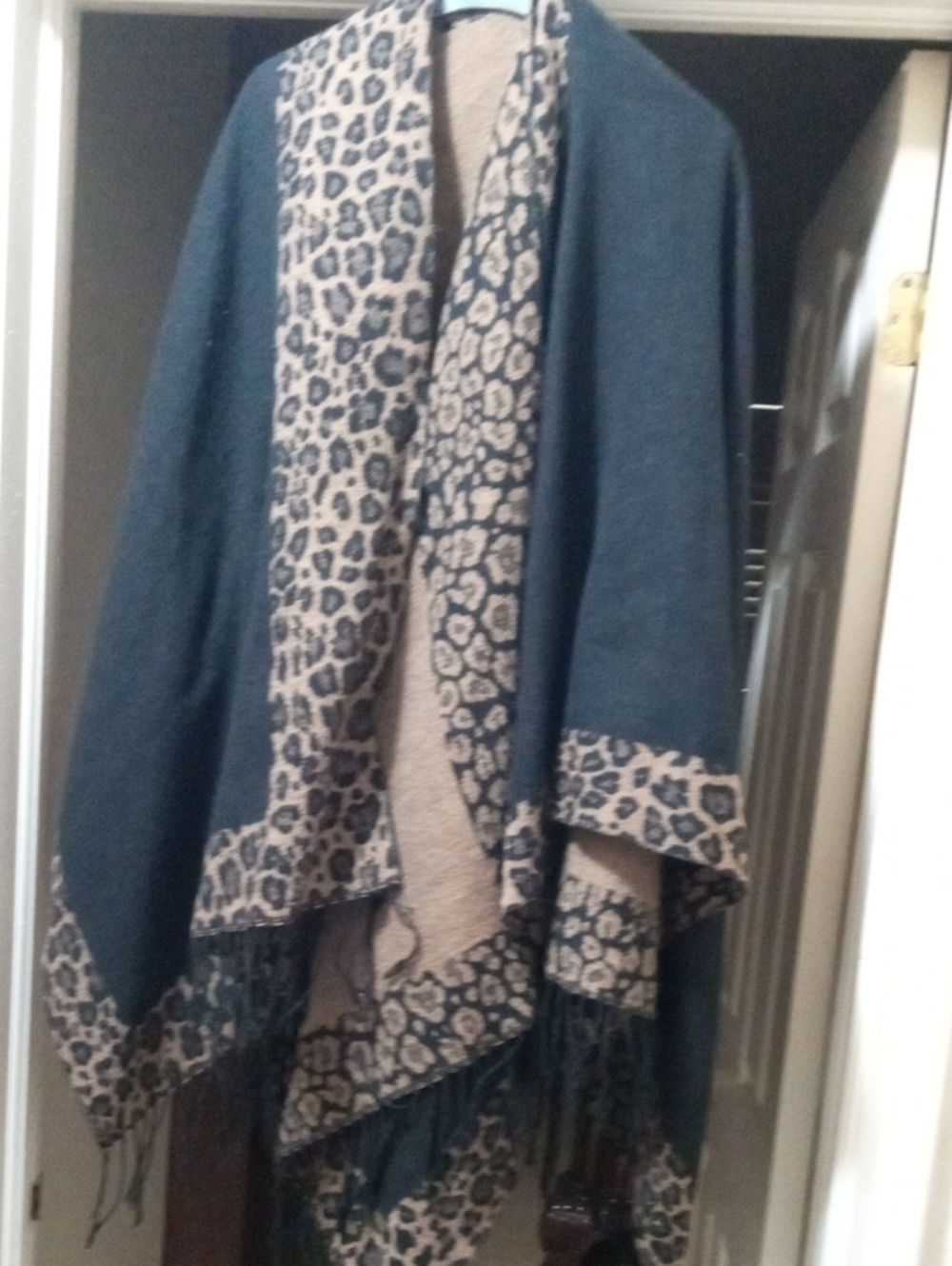 Reversible Teal and Beige Leopard-Trim Poncho Jacket